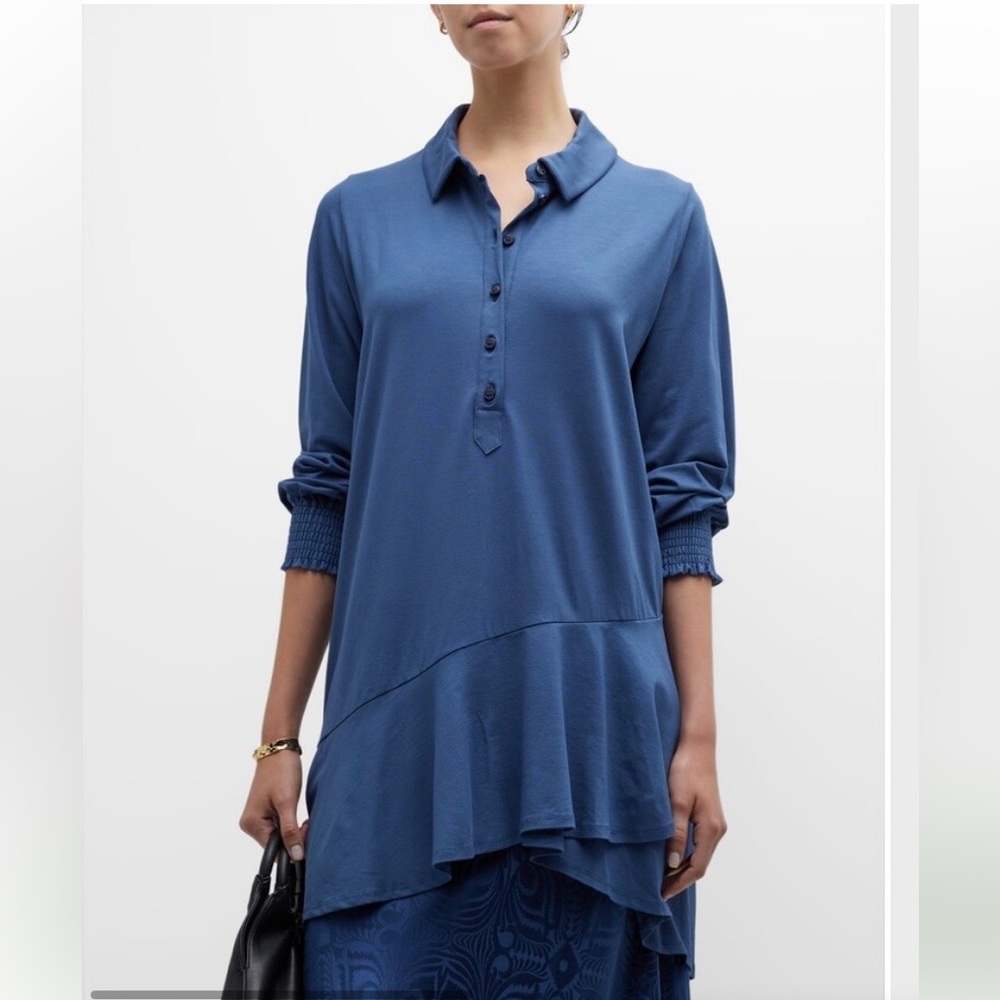 MASAI Copenhagen Gaiase Blue Asymmetric Ruffle Jersey Tunic Top Boho Lagenlook-L